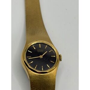 Seiko Quartz Gold Tone Women's Wristwatch Black Dial Mesh Band